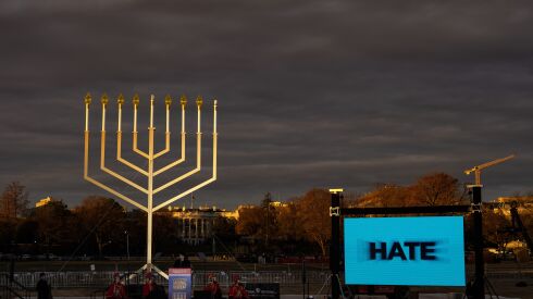 A menorah and a video screen showing the word “Hate,” part of a message on antisemitism, is shown at the National Menorah Lighting ceremony on the Ellipse.