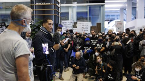 State Sen. Robert Peters speaks out against the war in Gaza at the Accenture Tower on Nov. 13, when Jewish peace activists and supporters blocked the entrance to the Israeli consulate to demand U.S. support for a cease-fire.